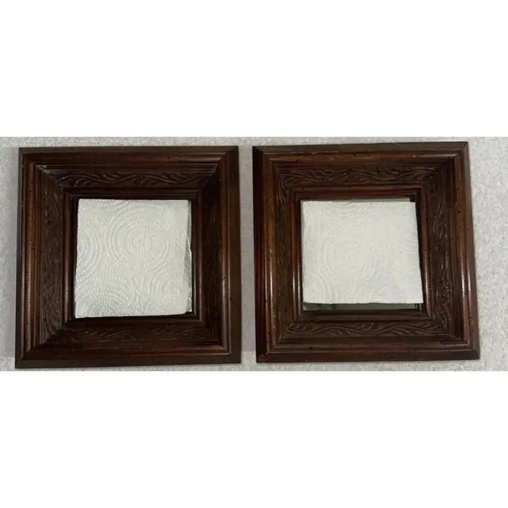 Set Of 2 Vtg Solid Wood Carved Ornate Detailed frame Mirror Wall Mount 8x8x2